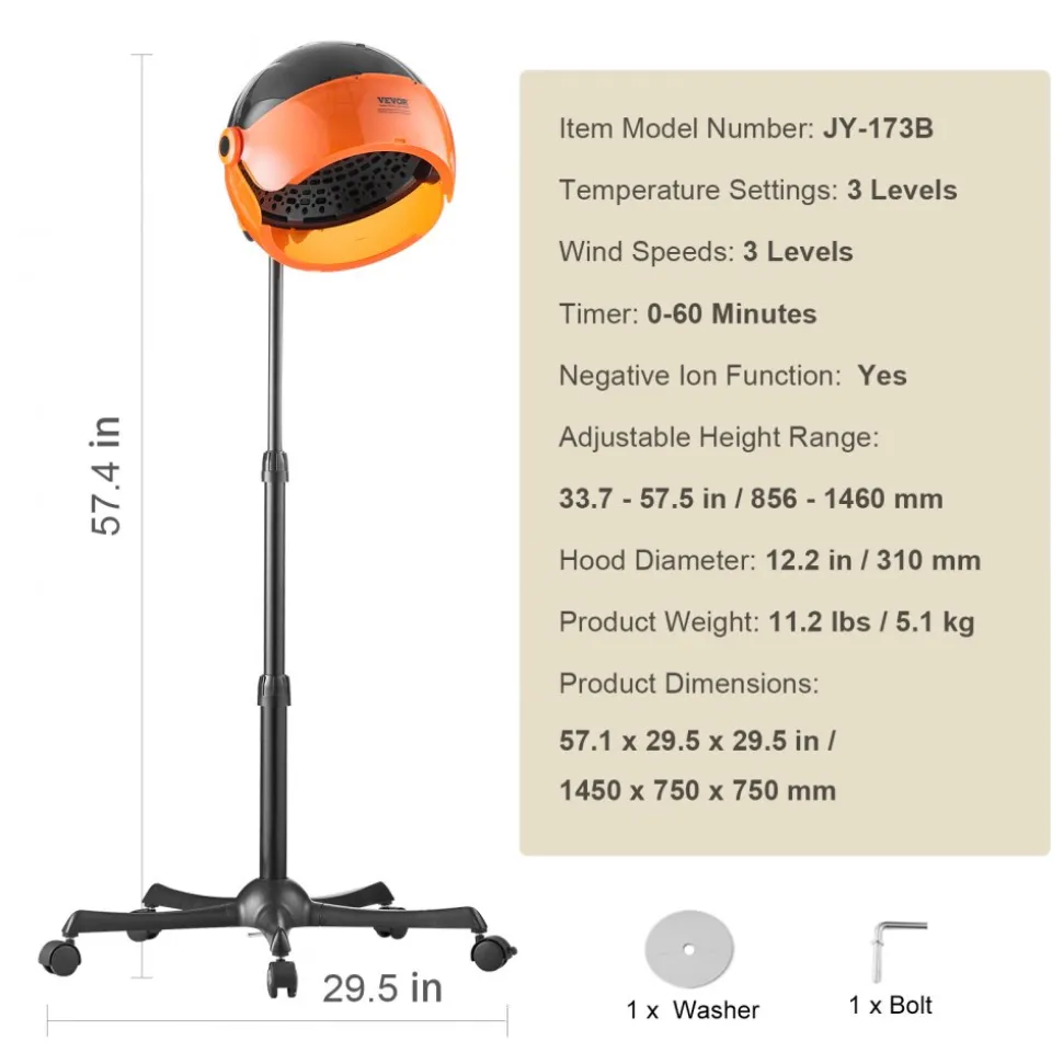 VEVOR Ionic Hood Dryer, 1875W Pro Bonnet Hair Dryer, Timer, 3 Temperature Levels & Adjustable Speed, Mobile Floor Stand with Wheels for Salon & Home Spa