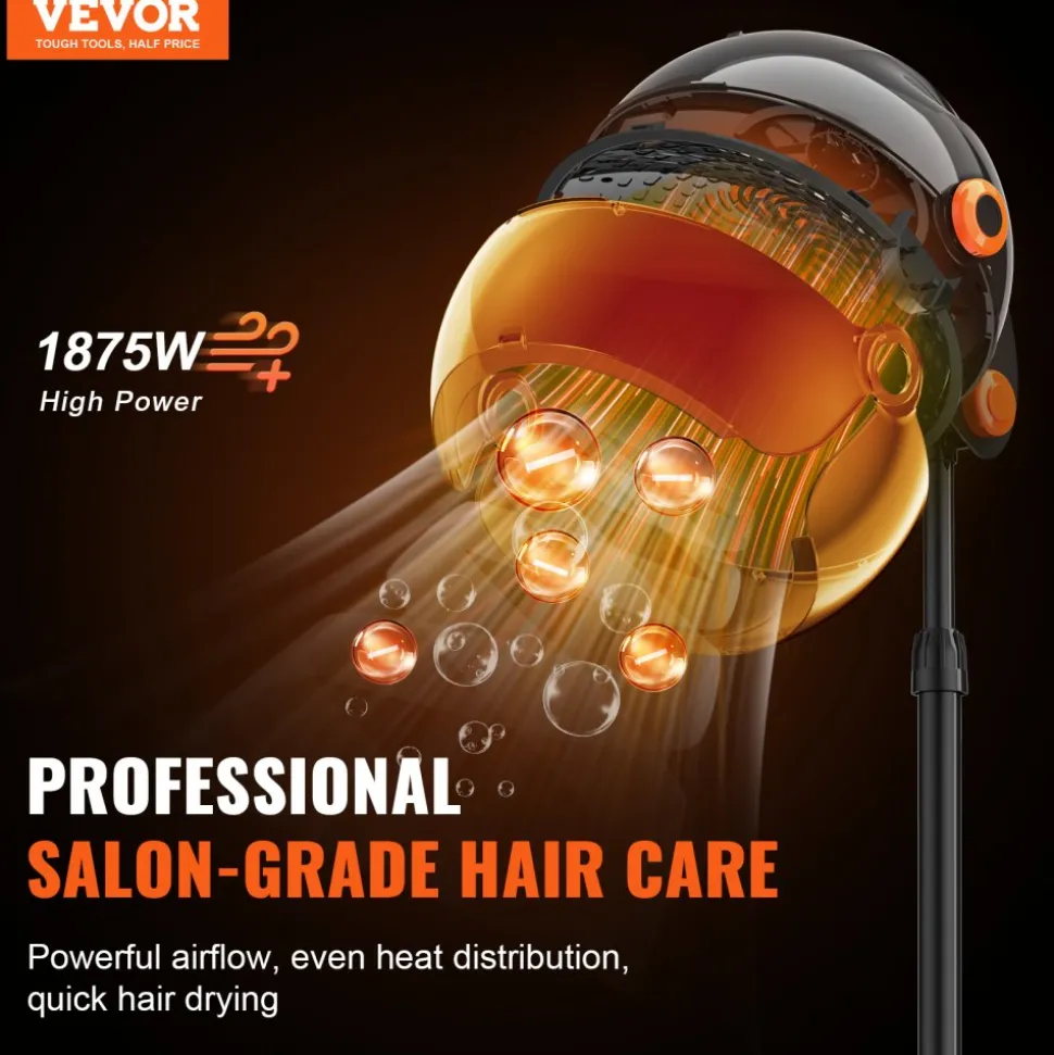 VEVOR Ionic Hood Dryer, 1875W Pro Bonnet Hair Dryer, Timer, 3 Temperature Levels & Adjustable Speed, Mobile Floor Stand with Wheels for Salon & Home Spa