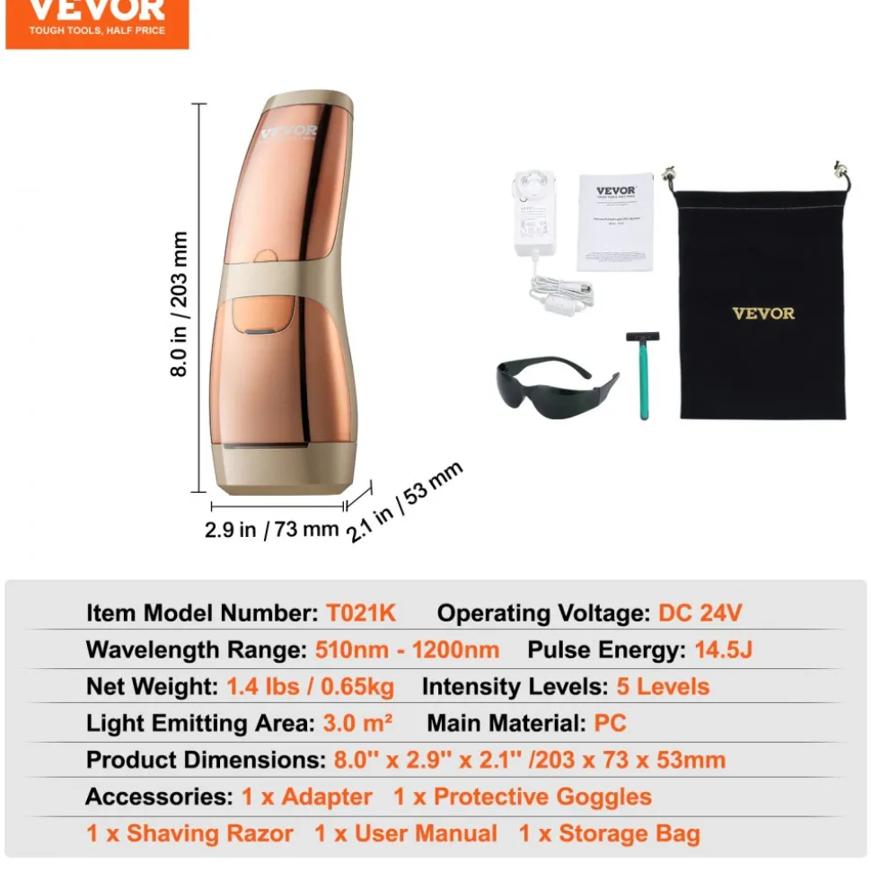 VEVOR IPL Hair Removal, Permanent Hair Removal with Sapphire Ice Cooling System, Painless At-Home Hair Removal Device for Women Men, Auto/Manual Modes, 5 Levels for Body & Face