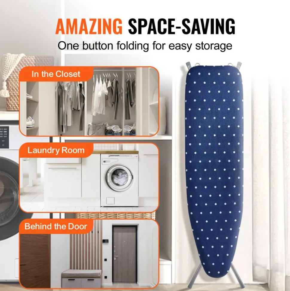 VEVOR Ironing Board with Bottom Storage Tray, Thickened 4 Layers Iron Board with Heat Resistant Cover and 100% Cotton Cover, 10 Adjustable Heights Ironing Board for Home Laundry Room Use (Size 55x15)