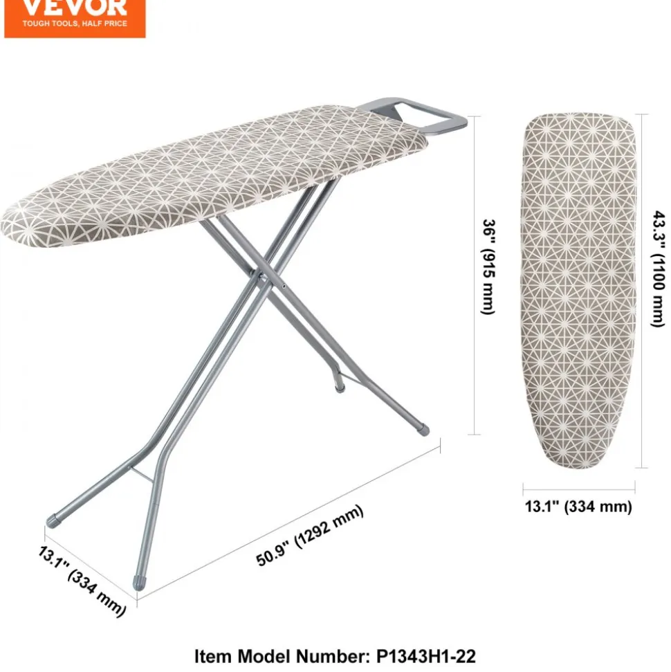 VEVOR Ironing Board with Large 51 x 13 Ironing Surface, Thickened 4 Layers Iron Board with Heat Resistant Cover and 100% Cotton Cover, 7 Adjustable Heights Ironing Board for Home Laundry Room Use