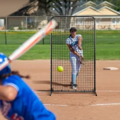 VEVOR I Screen Baseball for Batting Cage, 7x4 ft Baseball Softball Safety Screen, Body Protector Portable Batting Screen with Carry Bag & Ground Stakes, Heavy Duty Pitching Net for Pitchers Protection