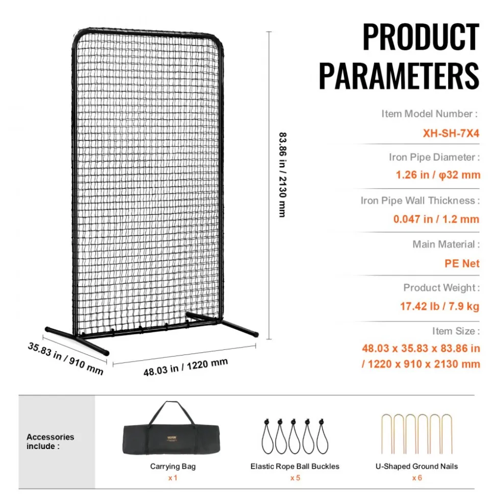VEVOR I Screen Baseball for Batting Cage, 7x4 ft Baseball Softball Safety Screen, Body Protector Portable Batting Screen with Carry Bag & Ground Stakes, Heavy Duty Pitching Net for Pitchers Protection