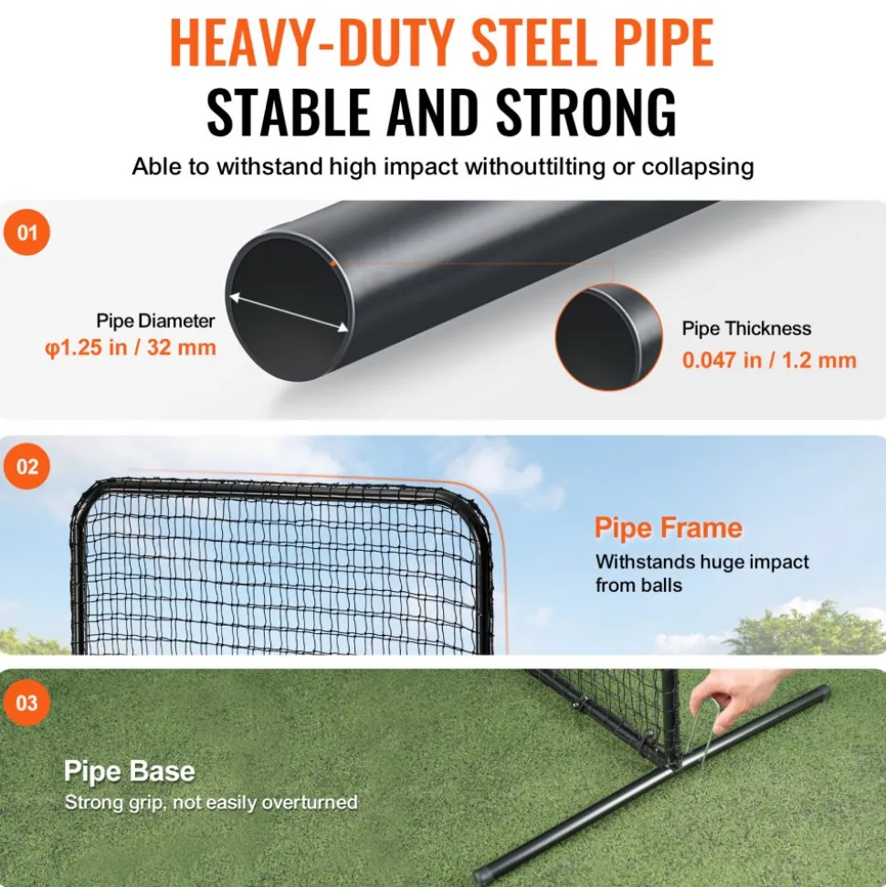 VEVOR I Screen Baseball for Batting Cage, 7x4 ft Baseball Softball Safety Screen, Body Protector Portable Batting Screen with Carry Bag & Ground Stakes, Heavy Duty Pitching Net for Pitchers Protection