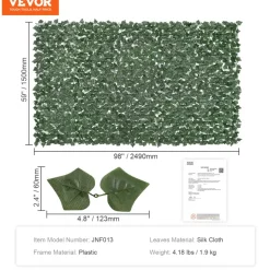 VEVOR Ivy Privacy Fence, 59 x 98 in Artificial Green Wall Screen, Greenery Ivy Fence with Strengthened Joint, Faux Hedges Vine Leaf Decoration for Outdoor Garden, Yard, Balcony, Patio Decor