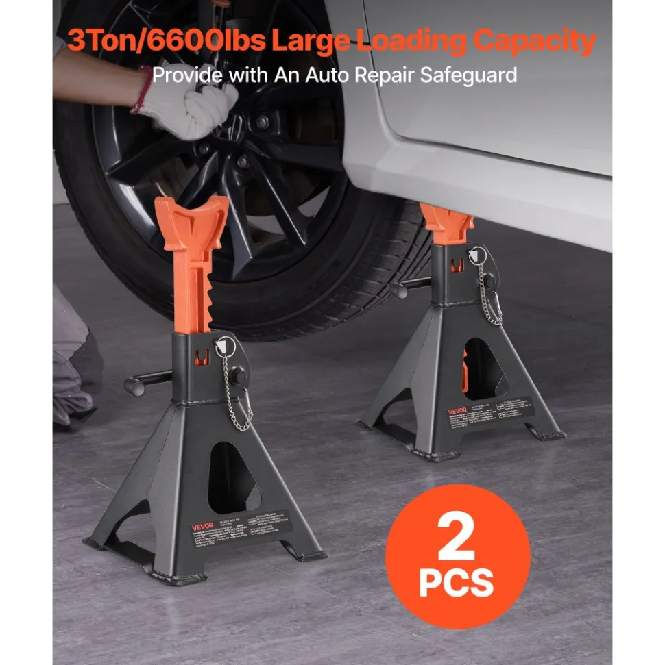 VEVOR Jack Stands, 3 Ton (6,600 lbs) Capacity, 10.8-16.3 in Adjustable Height, Heavy Duty Steel Jack Auto Stands with Double Locking, for Lifting SUV, Pickup, Car, UTV/ATV, 1 Pair, Black and Orange