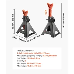 VEVOR Jack Stands, 3 Ton (6,600 lbs) Capacity, 10.8-16.3 in Adjustable Height, Heavy Duty Steel Jack Auto Stands with Double Locking, for Lifting SUV, Pickup, Car, UTV/ATV, 1 Pair, Black and Orange
