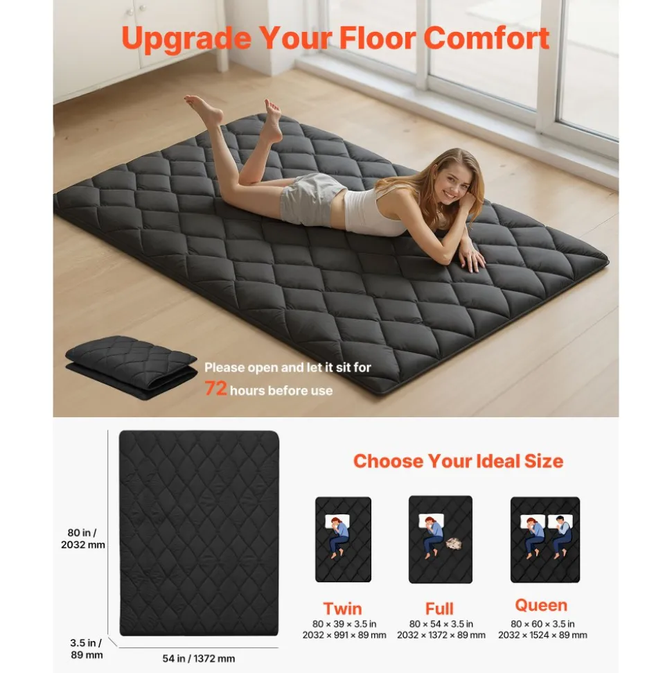 VEVOR Japanese Tatami Mat, Full Size Foldable Japanese Tatami Mattress, Futon Mattress with Storage Bag & Fastener, 9-Layer Floor Mat for Sleeping, Dormitory, Meditation, Yoga, 80 x 54 x 3.5 in, Black