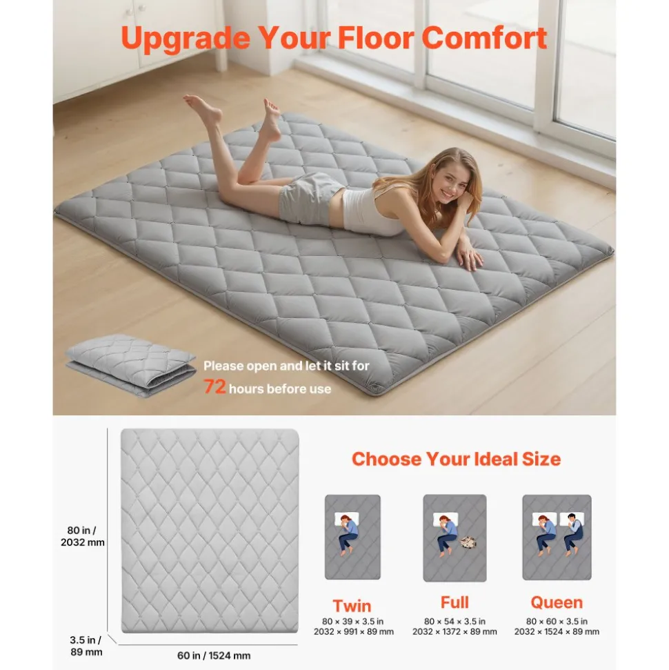 VEVOR Japanese Tatami Mat, Queen Size Foldable Japanese Tatami Mattress, Futon Mattress with Storage Bag & Fastener, 9-Layer Floor Mat for Sleeping, Dormitory, Meditation, Yoga, 80 x 60 x 2.5 in, White