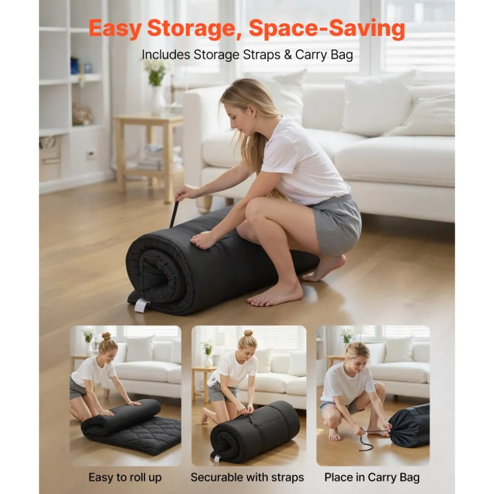 VEVOR Japanese Tatami Mat, Twin Size Foldable Japanese Tatami Mattress, Futon Mattress with Storage Bag & Fastener, 9-Layer Floor Mat for Sleeping, Dormitory, Meditation, Yoga, 80 x 39 x 3.5 in, Black