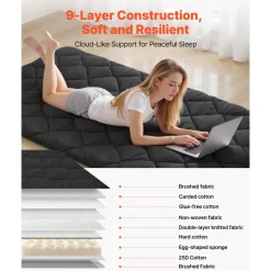 VEVOR Japanese Tatami Mat, Twin Size Foldable Japanese Tatami Mattress, Futon Mattress with Storage Bag & Fastener, 9-Layer Floor Mat for Sleeping, Dormitory, Meditation, Yoga, 80 x 39 x 3.5 in, Black