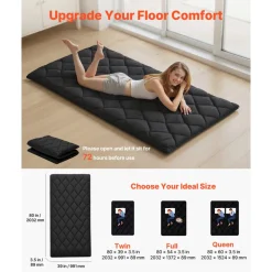 VEVOR Japanese Tatami Mat, Twin Size Foldable Japanese Tatami Mattress, Futon Mattress with Storage Bag & Fastener, 9-Layer Floor Mat for Sleeping, Dormitory, Meditation, Yoga, 80 x 39 x 3.5 in, Black