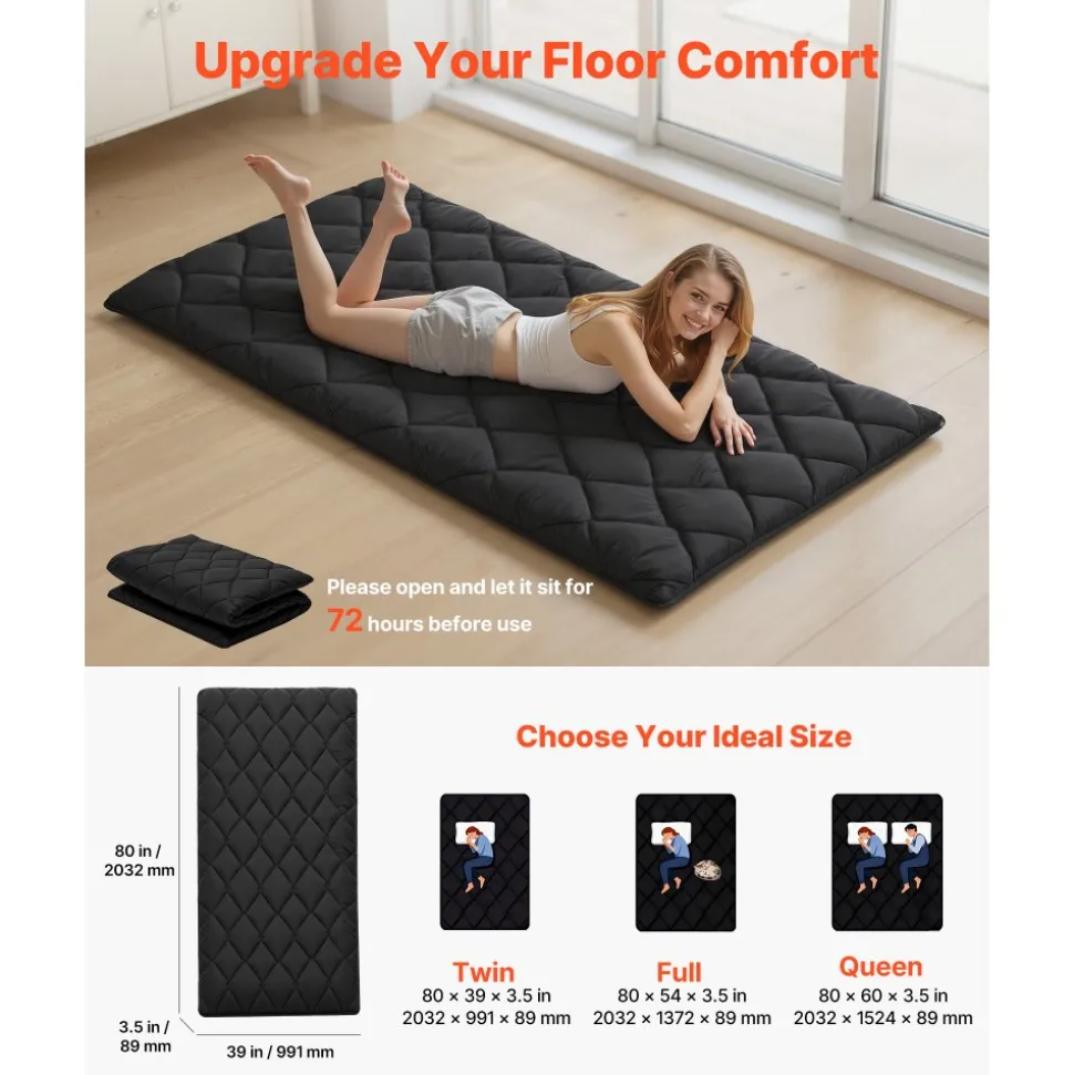 VEVOR Japanese Tatami Mat, Twin Size Foldable Japanese Tatami Mattress, Futon Mattress with Storage Bag & Fastener, 9-Layer Floor Mat for Sleeping, Dormitory, Meditation, Yoga, 80 x 39 x 3.5 in, Black