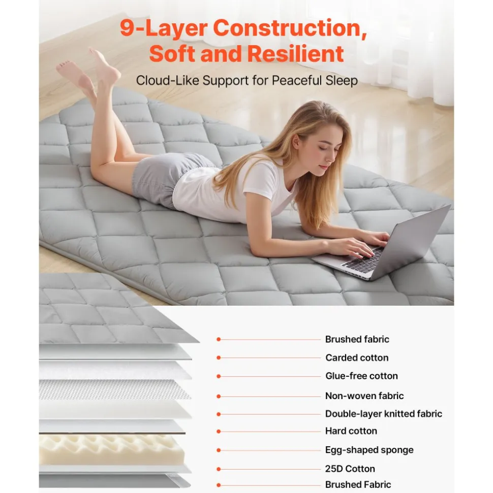 VEVOR Japanese Tatami Mat, Twin Size Foldable Japanese Tatami Mattress, Futon Mattress with Storage Bag & Fastener, 9-Layer Floor Mat for Sleeping, Dormitory, Meditation, Yoga, 80 x 39 x 3.5 in, Gray
