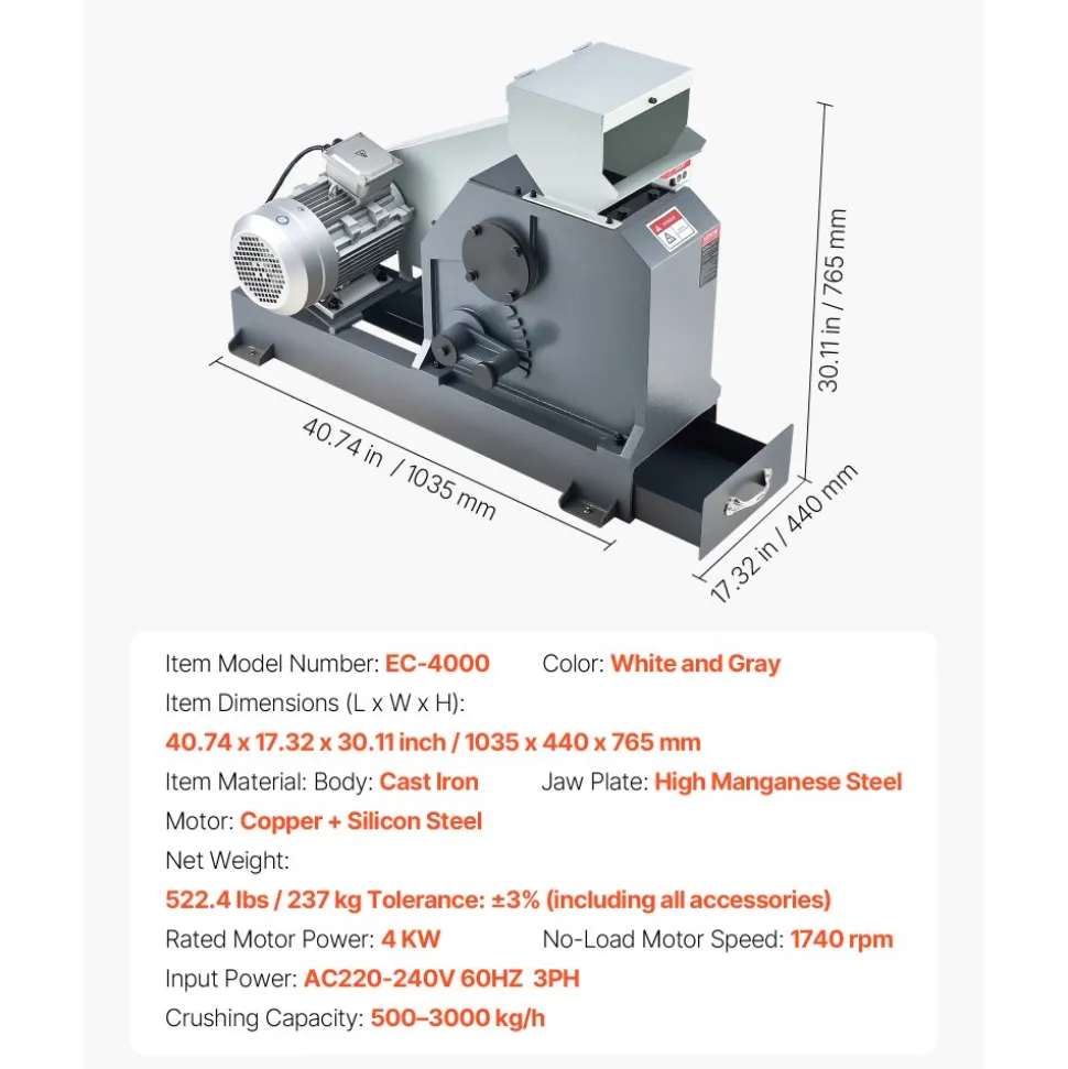 VEVOR Jaw Crusher Machine, 4KW High Power Rock Stone Crush Machine, 7.87 x 9.65 inch Feeding Port, 1740 RPM Speed Stone Shatter Grinder, Electric Stone Shatter 220V, for Rock Coal Glass Bottle