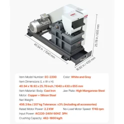 VEVOR Jaw Crusher Machine, 2.2KW High Power Rock Stone Crush Machine, 6.10 x 5.12 inch Feeding Port, 1740 RPM Speed Stone Shatter Grinder, Electric Stone Shatter 220V, for Rock Coal Glass Bottle