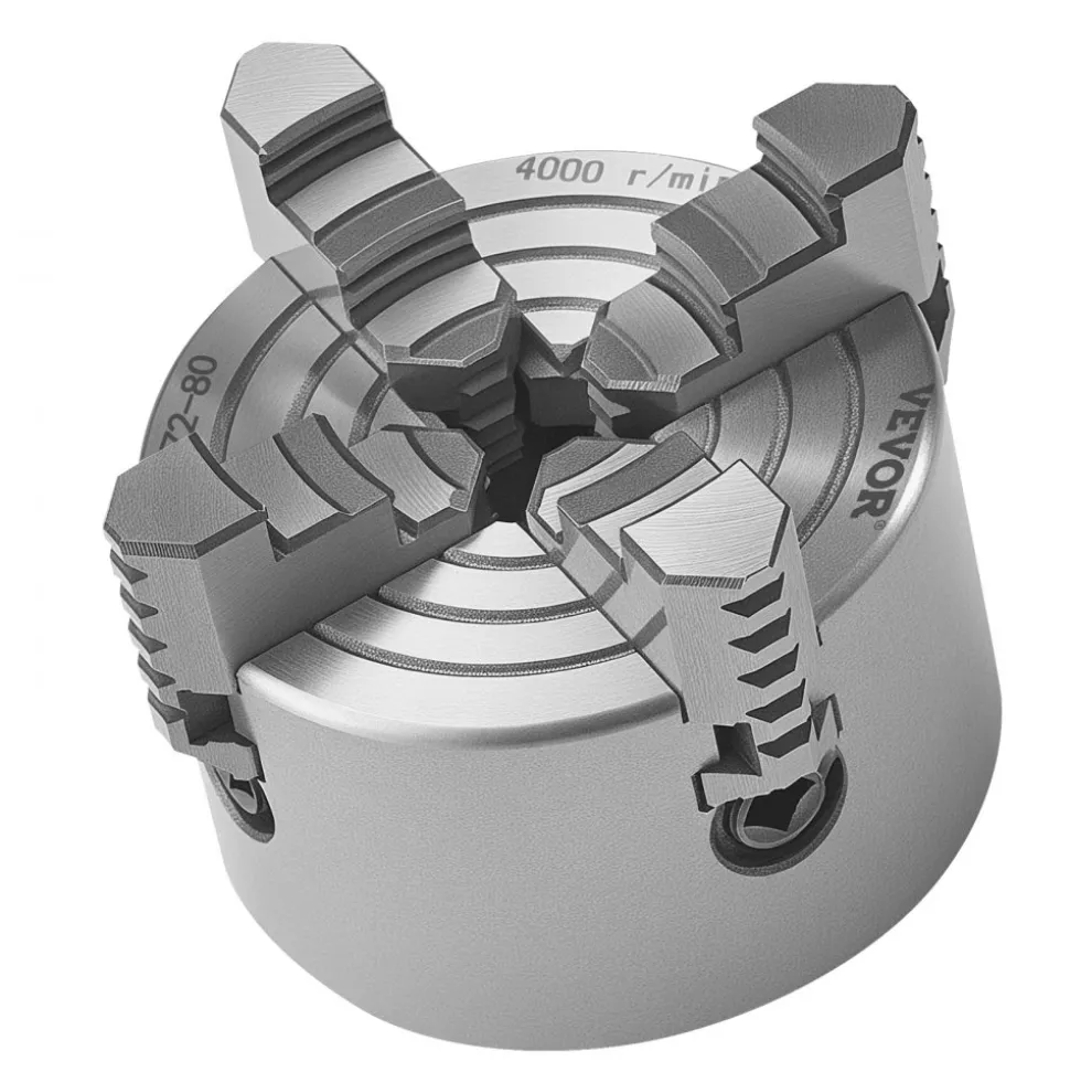 VEVOR 4-Jaw Lathe Chuck, 3 Inch (80 mm), 4-Jaw Independent Chuck, 0.1-3.15 in (5-80 mm) Clamping Range with T-key Fixing Screws Reversible Jaws, HT300 Material, Internal External for Wood Metal Lathe