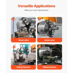 VEVOR 4-Jaw Lathe Chuck, 3 Inch (80 mm), 4-Jaw Independent Chuck, 0.1-3.15 in (5-80 mm) Clamping Range with T-key Fixing Screws Reversible Jaws, HT300 Material, Internal External for Wood Metal Lathe