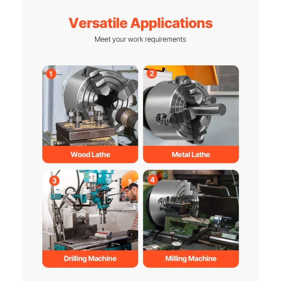 VEVOR 4-Jaw Lathe Chuck, 3 Inch (80 mm), 4-Jaw Independent Chuck, 0.1-3.15 in (5-80 mm) Clamping Range with T-key Fixing Screws Reversible Jaws, HT300 Material, Internal External for Wood Metal Lathe