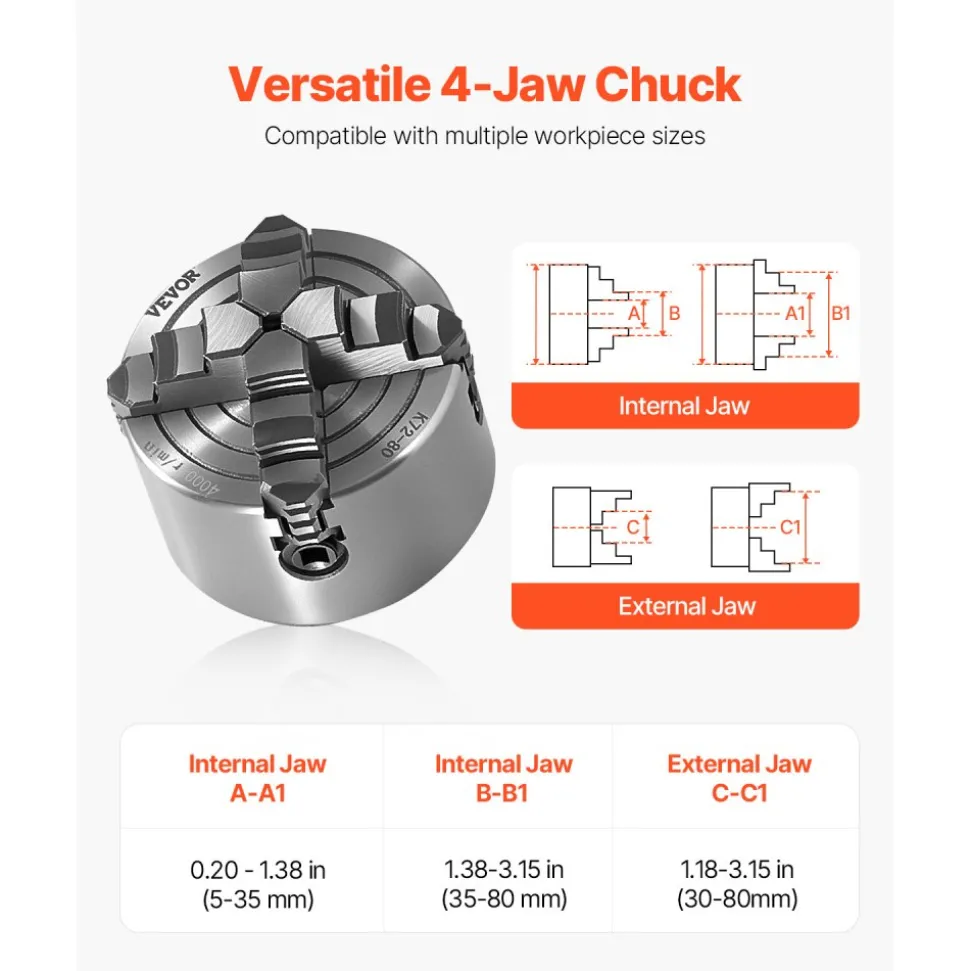 VEVOR 4-Jaw Lathe Chuck, 3 Inch (80 mm), 4-Jaw Independent Chuck, 0.1-3.15 in (5-80 mm) Clamping Range with T-key Fixing Screws Reversible Jaws, HT300 Material, Internal External for Wood Metal Lathe