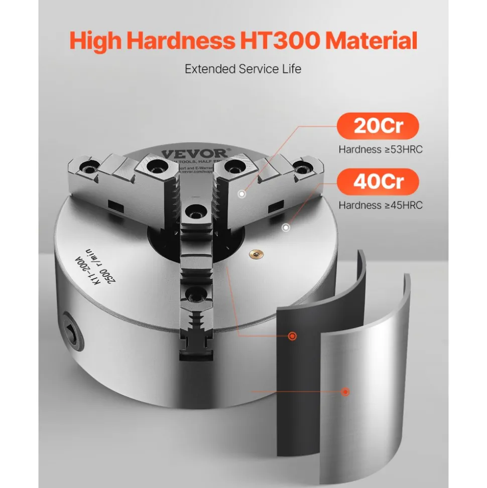 VEVOR 3-Jaw Lathe Chuck, 8 Inch (200 mm), Self-Centering Chuck with 2 1/4 in-8 Threaded Backing Plate, 0.16-7.87 in (4-200 mm) Clamping Range with T-wrench Screws, HT300 Material, for Wood Metal Lathe