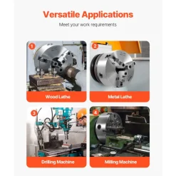 VEVOR 3-Jaw Lathe Chuck, 8 Inch (200 mm), Self-Centering Chuck with 2 1/4 in-8 Threaded Backing Plate, 0.16-7.87 in (4-200 mm) Clamping Range with T-wrench Screws, HT300 Material, for Wood Metal Lathe