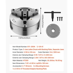 VEVOR 3-Jaw Lathe Chuck, 8 Inch (200 mm), Self-Centering Chuck with 2 1/4 in-8 Threaded Backing Plate, 0.16-7.87 in (4-200 mm) Clamping Range with T-wrench Screws, HT300 Material, for Wood Metal Lathe