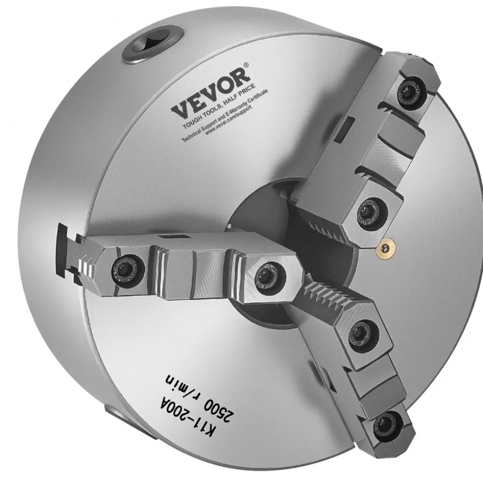 VEVOR 3-Jaw Lathe Chuck, 8 Inch (200 mm), Self-Centering Chuck with 2 1/4 in-8 Threaded Backing Plate, 0.16-7.87 in (4-200 mm) Clamping Range with T-wrench Screws, HT300 Material, for Wood Metal Lathe