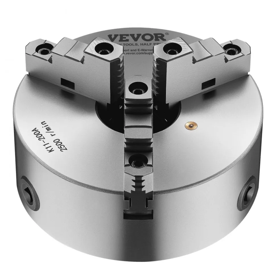 VEVOR 3-Jaw Lathe Chuck, 8 Inch (200 mm), Self-Centering Chuck with 2 1/4 in-8 Threaded Backing Plate, 0.16-7.87 in (4-200 mm) Clamping Range with T-wrench Screws, HT300 Material, for Wood Metal Lathe