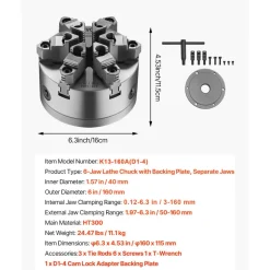 VEVOR 6-Jaw Lathe Chuck, 6 Inch (160 mm), Self-Centering Chuck with D1-4 Cam Lock Backing Plate, 0.12-5.71 in (3-145 mm) Clamping Range with T-wrench Screws, HT300 Material, for Wood Metal Lathe