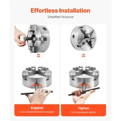 VEVOR 4-Jaw Lathe Chuck, 8 Inch (200 mm), Self-Centering Chuck with 1 1/2 in-8 Threaded Backing Plate, 0.16-7.87 in (4-200 mm) Clamping Range with T-wrench Screws, HT300 Material, for Wood Metal Lathe