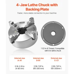 VEVOR 4-Jaw Lathe Chuck, 8 Inch (200 mm), Self-Centering Chuck with 1 1/2 in-8 Threaded Backing Plate, 0.16-7.87 in (4-200 mm) Clamping Range with T-wrench Screws, HT300 Material, for Wood Metal Lathe