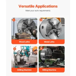 VEVOR 4-Jaw Lathe Chuck, 8 Inch (200 mm), Self-Centering Chuck with 1 1/2 in-8 Threaded Backing Plate, 0.16-7.87 in (4-200 mm) Clamping Range with T-wrench Screws, HT300 Material, for Wood Metal Lathe