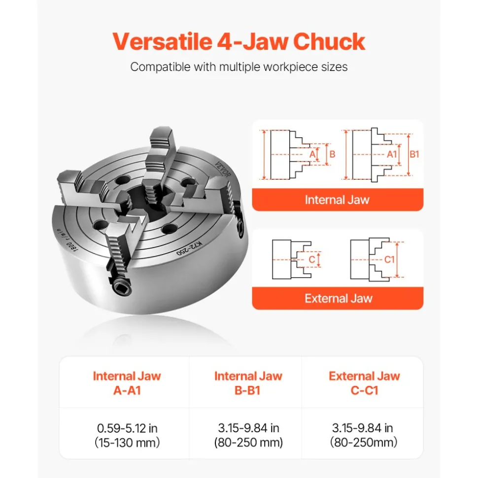 VEVOR 4-Jaw Lathe Chuck, 10 in (250 mm), Lathe Chuck, 0.6-9.84 in (15-250 mm) Clamping Range with T-key Fixing Screws Reversible Jaws, HT300 Cast Iron Material, Internal External for Wood Metal Lathe
