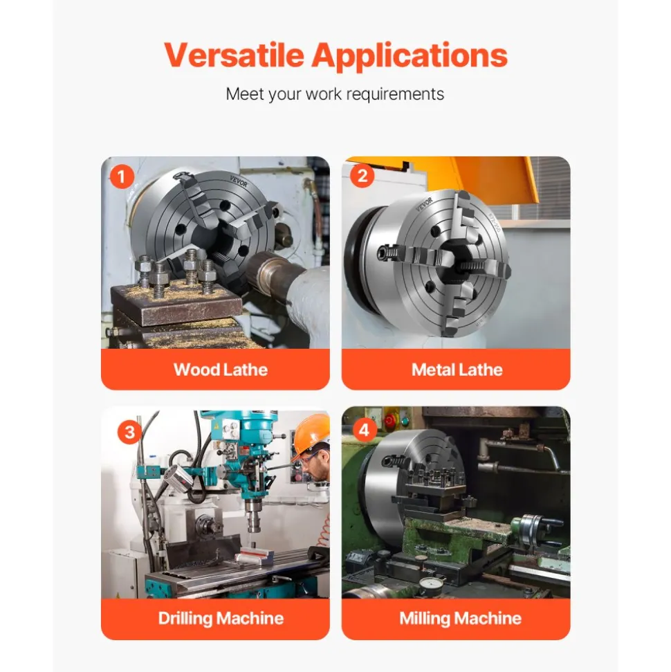 VEVOR 4-Jaw Lathe Chuck, 10 in (250 mm), Lathe Chuck, 0.6-9.84 in (15-250 mm) Clamping Range with T-key Fixing Screws Reversible Jaws, HT300 Cast Iron Material, Internal External for Wood Metal Lathe