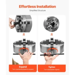 VEVOR 4-Jaw Lathe Chuck, 10 in (250 mm), Lathe Chuck, 0.6-9.84 in (15-250 mm) Clamping Range with T-key Fixing Screws Reversible Jaws, HT300 Cast Iron Material, Internal External for Wood Metal Lathe