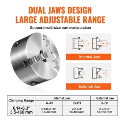 VEVOR 3-Jaw Lathe Chuck, 6'', Self-Centering Lathe Chuck, 0.14- 6.3 in/3.5-160 mm Clamping Range with T-key Fixing Screws Reversible Jaws, for Lathe 3D Printer Machining Center Milling Drilling Machin