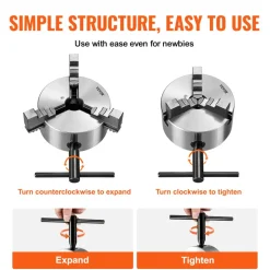 VEVOR 3-Jaw Lathe Chuck, 6'', Self-Centering Lathe Chuck, 0.14- 6.3 in/3.5-160 mm Clamping Range with T-key Fixing Screws Reversible Jaws, for Lathe 3D Printer Machining Center Milling Drilling Machin