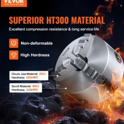 VEVOR 3-Jaw Lathe Chuck, 6'', Self-Centering Lathe Chuck, 0.14- 6.3 in/3.5-160 mm Clamping Range with T-key Fixing Screws Reversible Jaws, for Lathe 3D Printer Machining Center Milling Drilling Machin