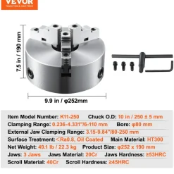 VEVOR 3-Jaw Lathe Chuck, 10'', Self-Centering Lathe Chuck, 0.24-9.84 in/6-250 mm Clamping Range with T-key Fixing Screws Hexagon Wrench, for Lathe 3D Printer Machining Center Milling Drilling Machine
