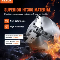 VEVOR 3-Jaw Lathe Chuck, 10'', Self-Centering Lathe Chuck, 0.24-9.84 in/6-250 mm Clamping Range with T-key Fixing Screws Hexagon Wrench, for Lathe 3D Printer Machining Center Milling Drilling Machine