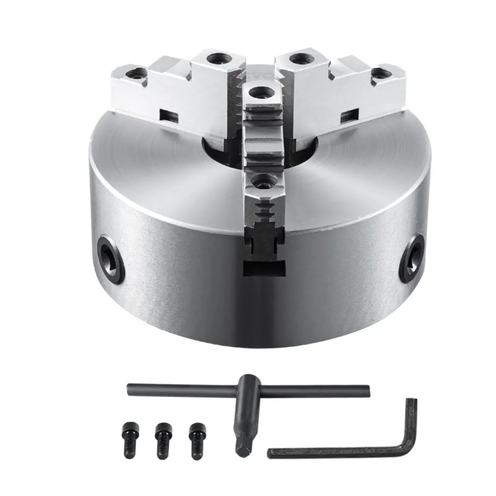VEVOR 3-Jaw Lathe Chuck, 8'', Self-Centering Lathe Chuck, 0.16-8 in/4-200 mm Clamping Range with T-key Fixing Screws Hexagon Wrench, for Lathe 3D Printer Machining Center Milling Drilling Machine