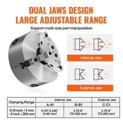 VEVOR 3-Jaw Lathe Chuck, 8'', Self-Centering Lathe Chuck, 0.16-8 in/4-200 mm Clamping Range with T-key Fixing Screws Hexagon Wrench, for Lathe 3D Printer Machining Center Milling Drilling Machine