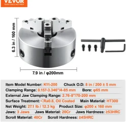VEVOR 3-Jaw Lathe Chuck, 8'', Self-Centering Lathe Chuck, 0.16-8 in/4-200 mm Clamping Range with T-key Fixing Screws Hexagon Wrench, for Lathe 3D Printer Machining Center Milling Drilling Machine