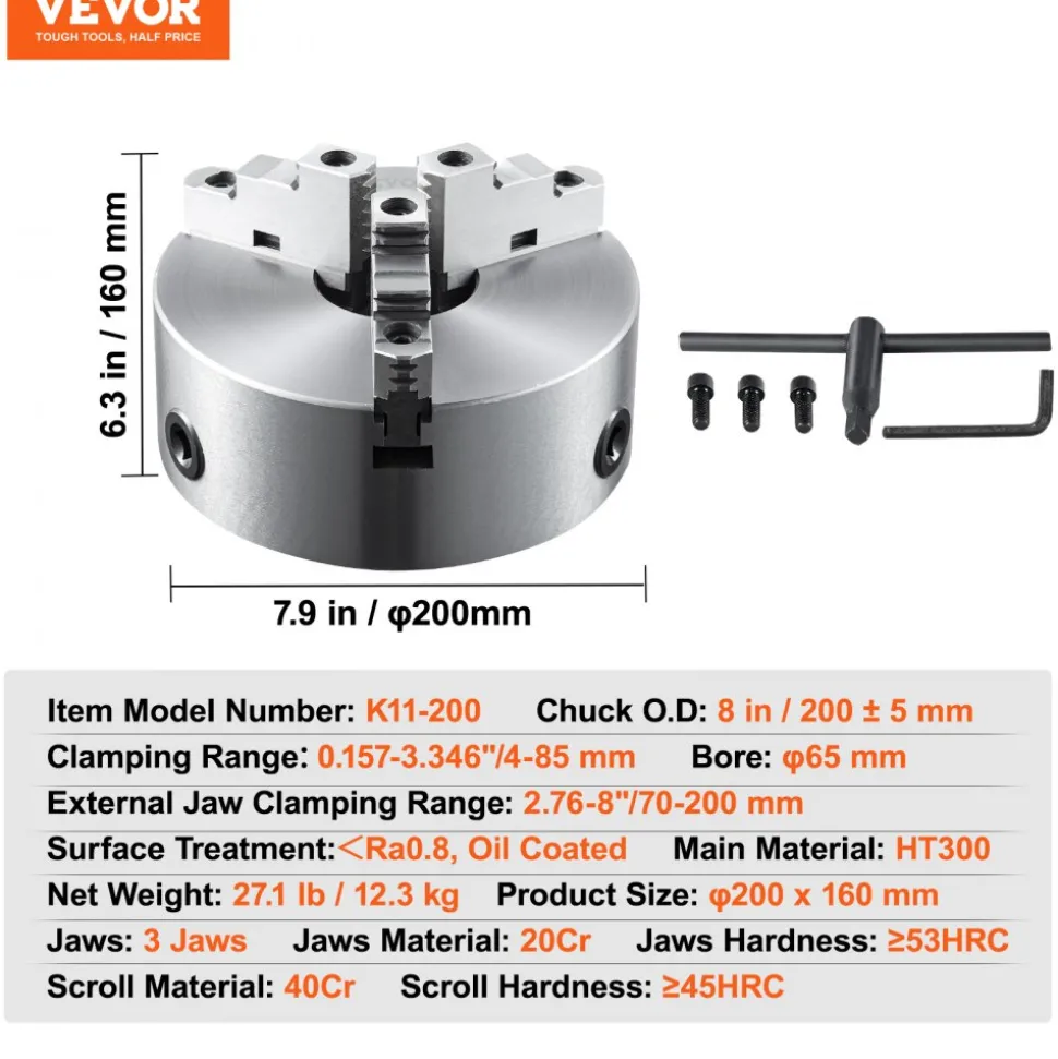 VEVOR 3-Jaw Lathe Chuck, 8'', Self-Centering Lathe Chuck, 0.16-8 in/4-200 mm Clamping Range with T-key Fixing Screws Hexagon Wrench, for Lathe 3D Printer Machining Center Milling Drilling Machine