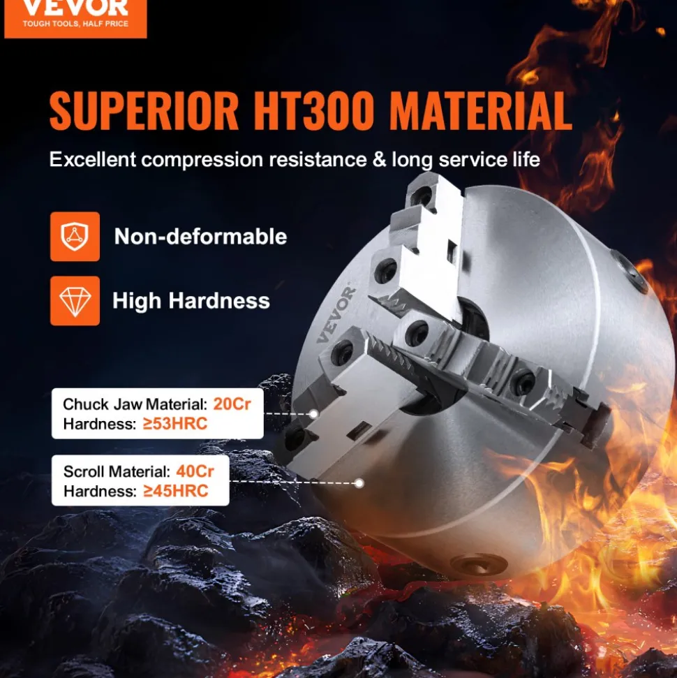 VEVOR 3-Jaw Lathe Chuck, 8'', Self-Centering Lathe Chuck, 0.16-8 in/4-200 mm Clamping Range with T-key Fixing Screws Hexagon Wrench, for Lathe 3D Printer Machining Center Milling Drilling Machine