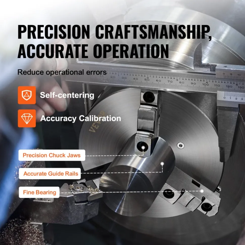 VEVOR 3-Jaw Lathe Chuck, 8'', Self-Centering Lathe Chuck, 0.16-8 in/4-200 mm Clamping Range with T-key Fixing Screws Hexagon Wrench, for Lathe 3D Printer Machining Center Milling Drilling Machine