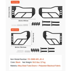 VEVOR Jeep Tube Doors, 4-Door, Compatible with 2007-2018 Jeep Wrangler JK Unlimited, Alloy Steel Off Road Front & Rear Tubular Half Doors with Storage Bag, Rubber Pads, Heavy-Duty Hinges and OE Latch