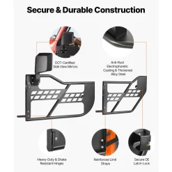 VEVOR Jeep Tube Doors, 4-Door, Compatible with 2007-2018 Jeep Wrangler JK JKU Unlimited, Steel Off Road Front & Rear Tubular Half Doors with DOT Certified Side View Mirrors, Storage Bag & Rubber Pads