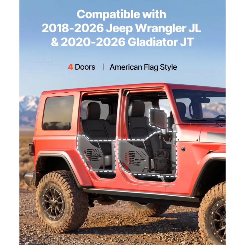 VEVOR Jeep Tube Doors, 4-Door, Fit for 2018-2026 Jeep Wrangler JL & 2020-2026 Gladiator JT, Flag Pattern Off Road Front & Rear Tubular Half Doors with DOT Certified Side View Mirrors and Storage Bag